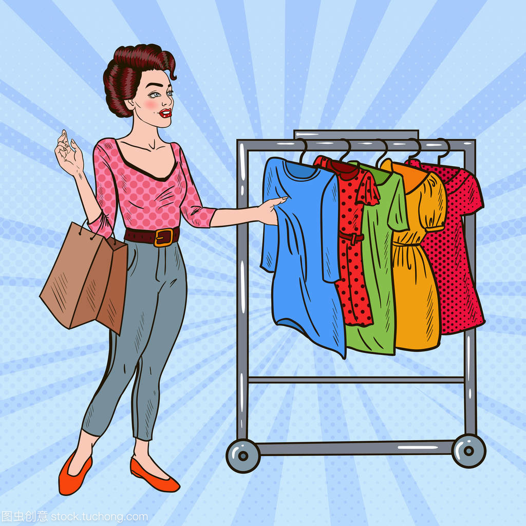 流行艺术女人与选择的新衣服的购物袋。矢量图